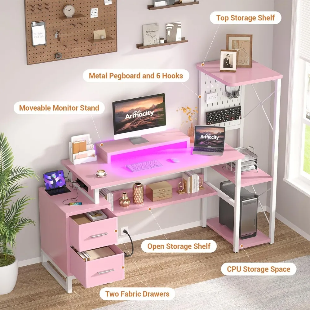 Computer Desk with 2 Fabric Drawers - Reversible Home Office Desk with Power Outlet & LED Lights, 53 Writing Desk with Monitor S