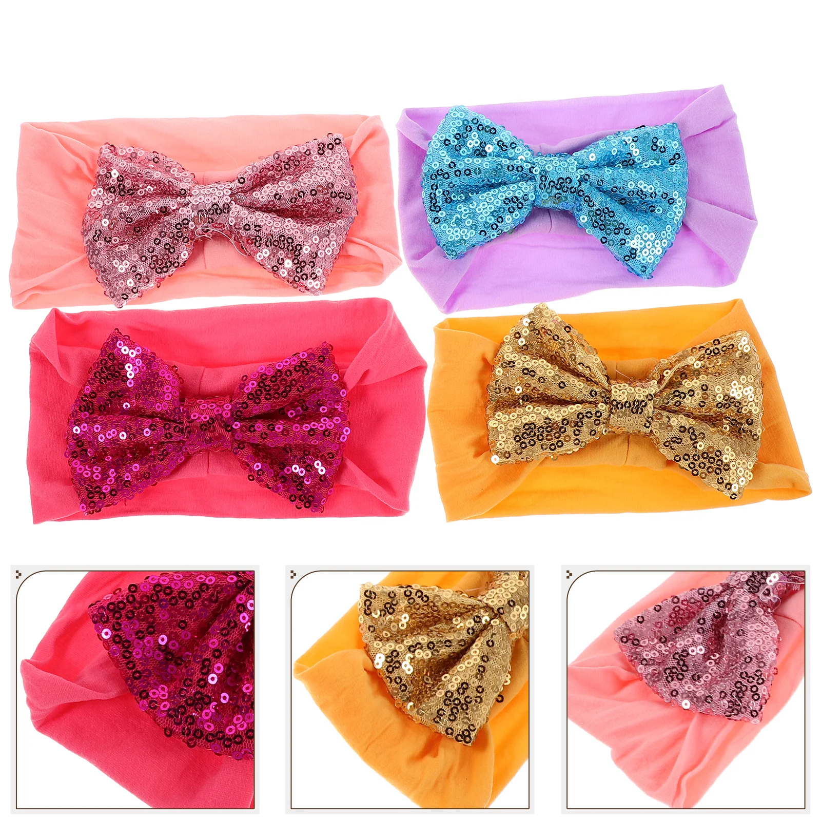 

4pcs Girl Headbands Glitter Stretchy Hair Turban Headwraps For Infant Toddlers Sparkling Sequin Bows Soft Comfortable