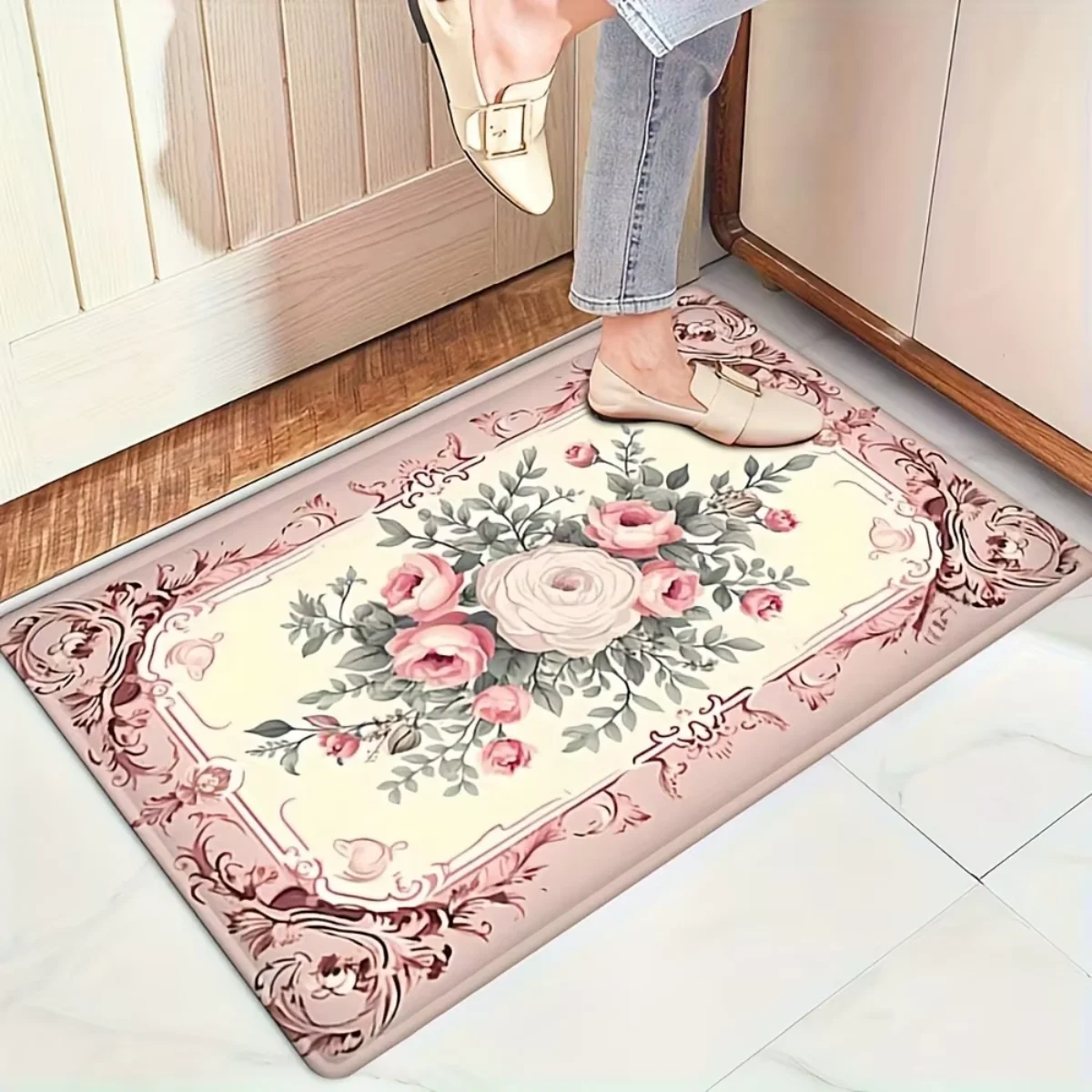 Square Entryway Mat, Soft Flannel Door Mat with PVC Non-Slip Bottom, Highly Absorbent Floor Rug with Exquisite Print for Bathroom, Toilet, Doorway and Home