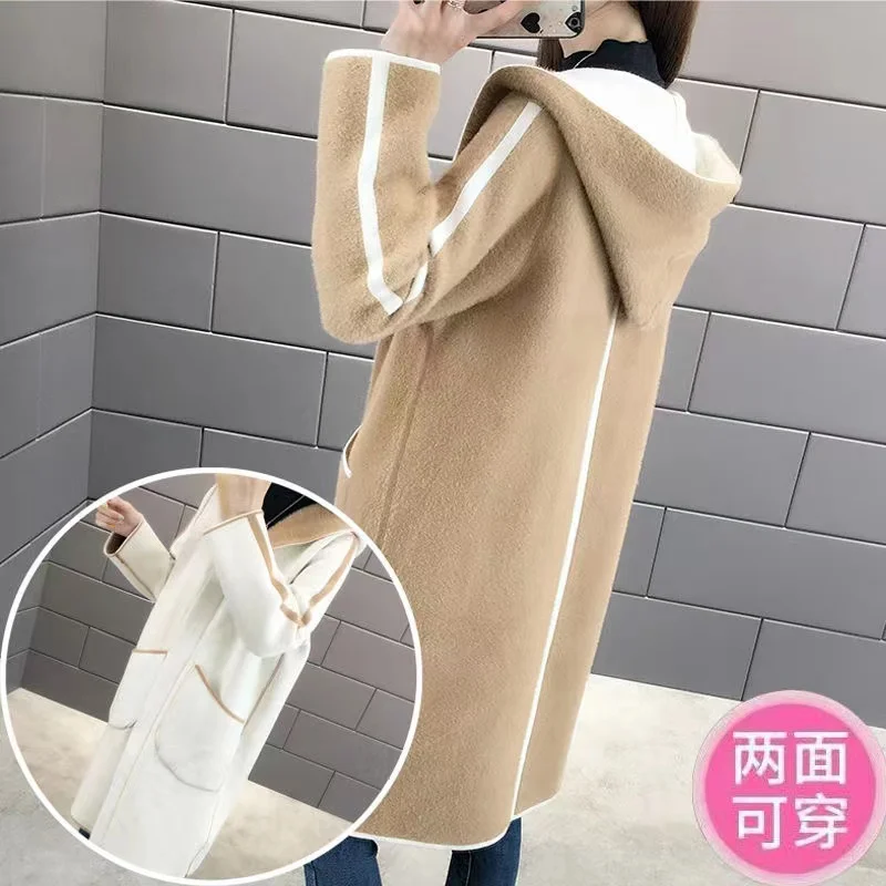 Womens Double Sided Wear Imitation Mink Overcoat Long Hooded Cardigan Sweater Coat Fall Winter Large Size Thicken Knitted Jacket