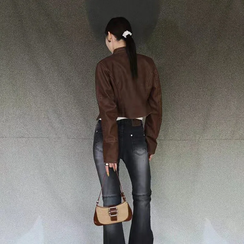 Karrram Korean Style Leather Jacket Vintage Bomber Jacket Women American Retro Pu Coat 90s Motorcycle Zipper Outerwear Grunge