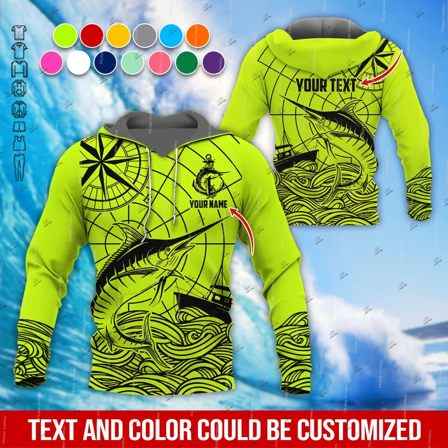 Custom Name Marlin Bass Fishing Love Fish Multicolored Vintage 3DPrint Pullover Harajuku Casual Unisex Hoodies Zipper Jacket V13