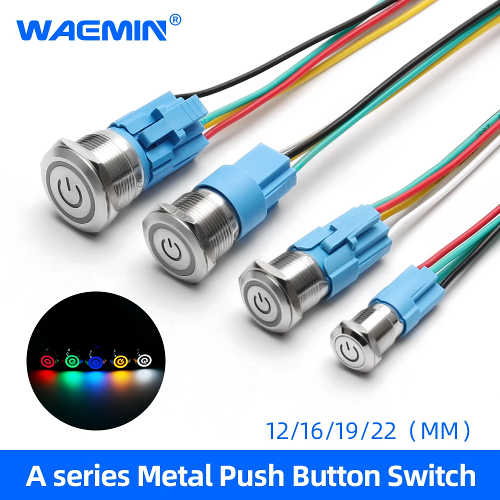 

12/16/19/22MM Waterproof Metal Push Button Switch LED Light Momentary Latching Car Engine Power Switch 5V 12V 24V 220V Red Blue