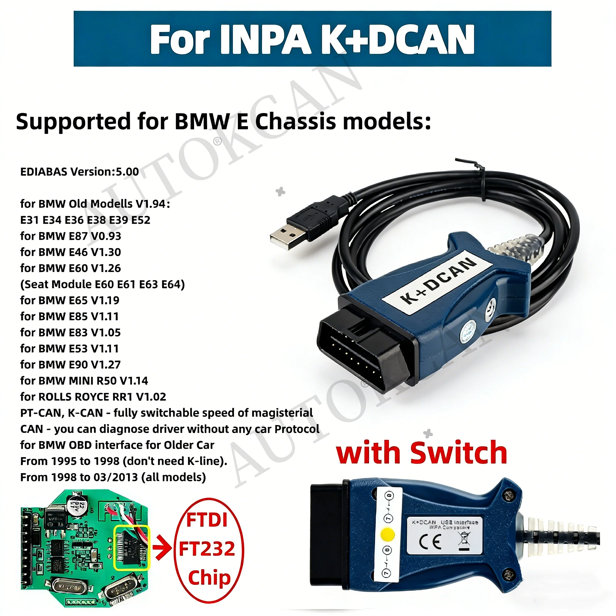 For INPA Cable K+DCAN with Switch USB Interface OBD2 Diagnostic Adapter Cable OBD II Code Reader Diagnostic Tools