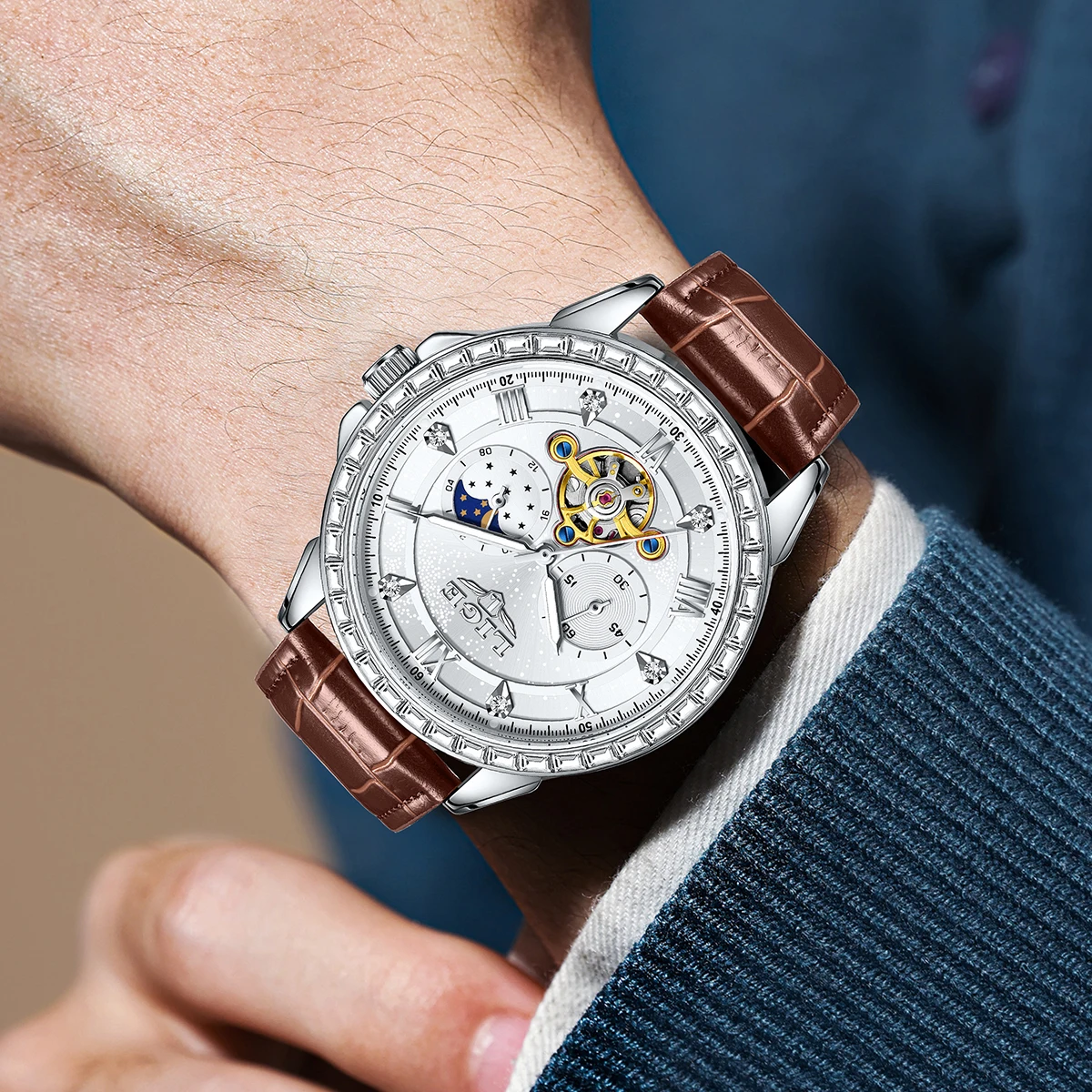 LIGE Big Diamond Dial Moon Phase Automatic Watch For Man and Woman Couple Mechanical Waterproof High-End Luxury Clock Wristwatch