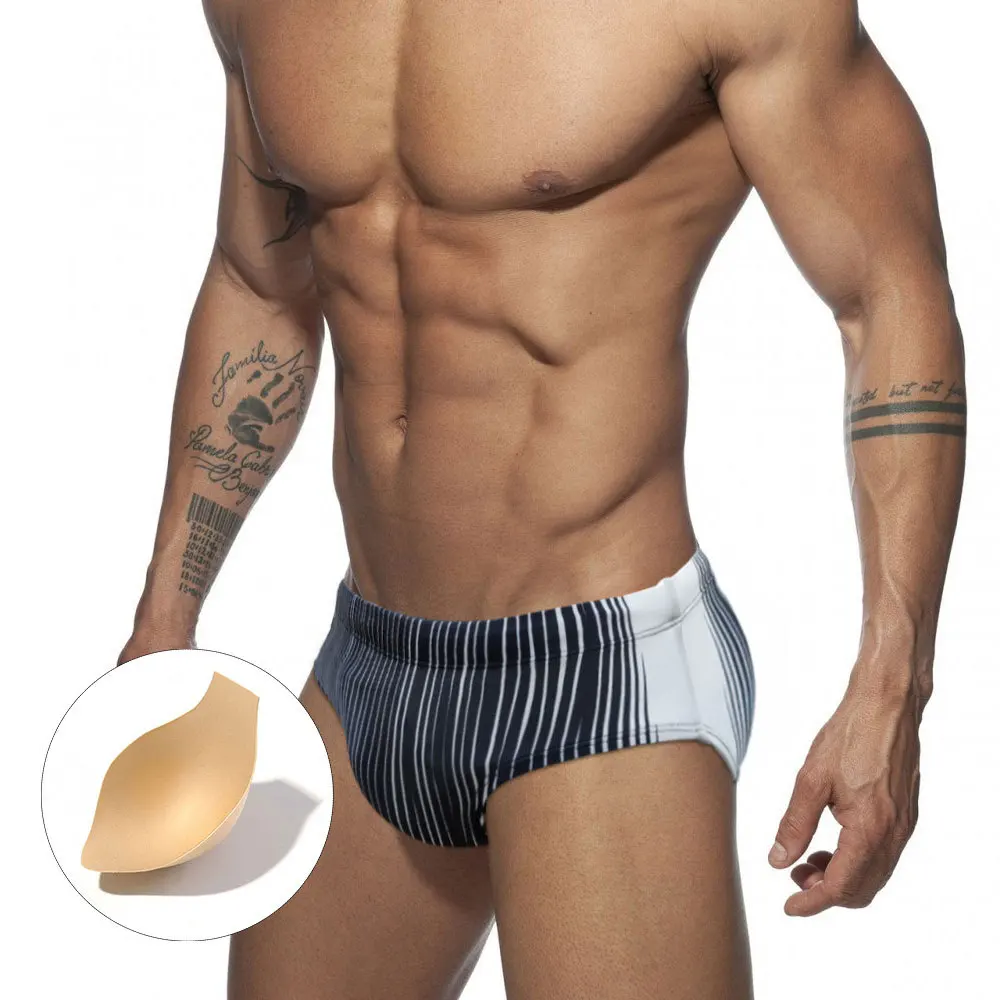 

New Men's Swim Trunks With Push Pads Briefs Stitching Bikini European American Sexy Low Waist Swimwear Summer Beach Surfing
