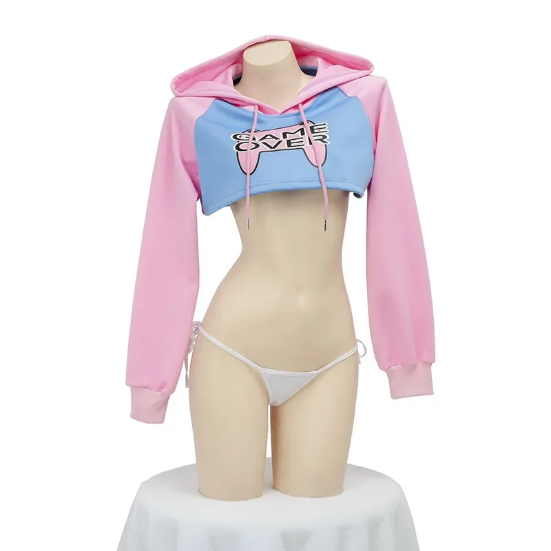 Cute Long Sleeve Crop Top Hoodie Pink Blue Matching Style Girls Student Outfit for Cosplay Nightgown view 5