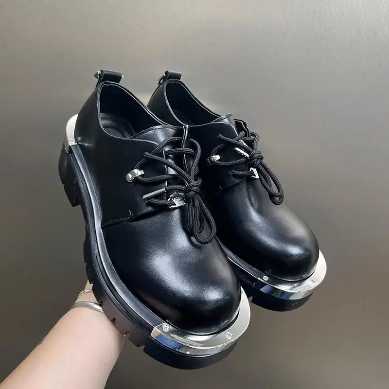 

2026 Fashion Style Mens Derby Shoes Flat Brand Male Footwear Pure Black Dress Shoes Thick Sole 3cm Big Size 45 DX733