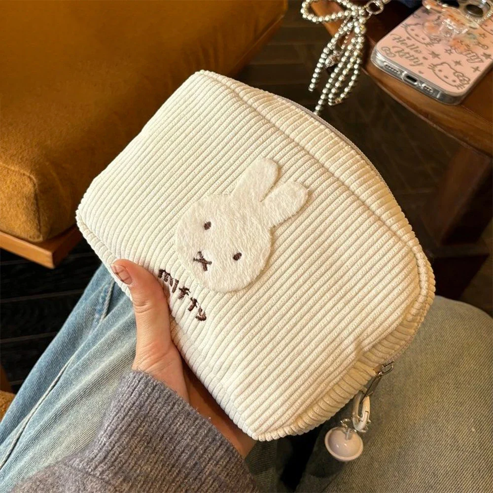 Kawaii Miffy Corduroy Large Capacity Makeup Bag Portable Storage Portable Pen Bag Menstrual Towel Storage Bag Gift