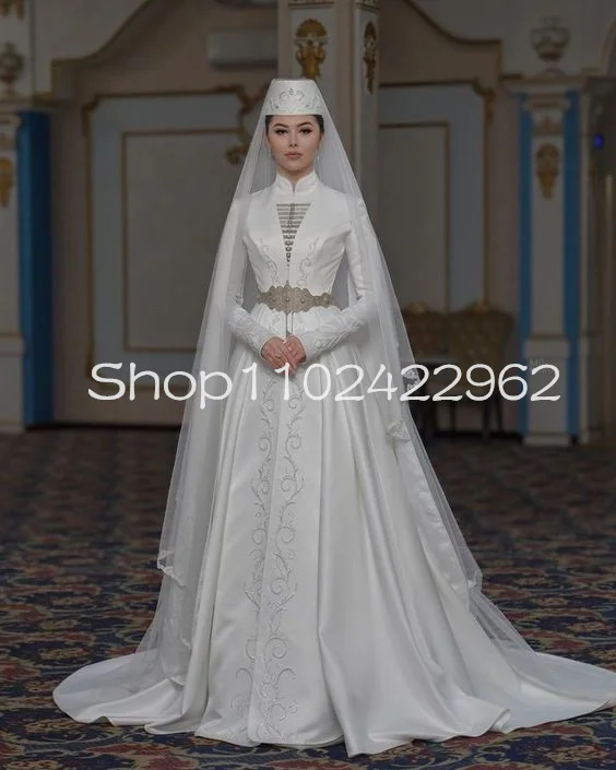 Customized Ingush national Wedding Dresses High Neck Long Sleeve Embroidery Beaded Stain Caucasus Ingushetia Muslim Bridal Gowns