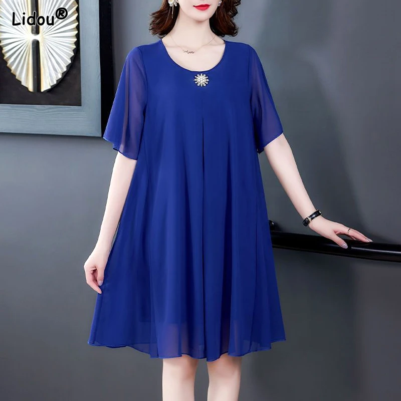 2023 New Women\'s Clothing Gauze Patchwork Solid Color Loose Pullovers Round Neck Korean Pleated Fashion Casual Elegant Dresses