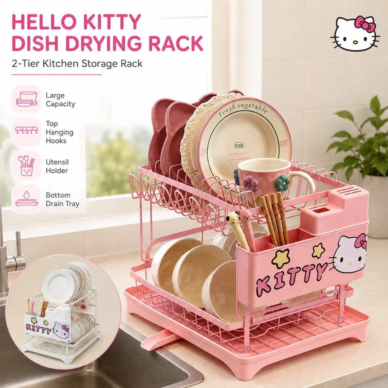 Cute Hello Kitty 2-Tier Dish Drying Rack With Drain Tray Kitchen Plate Bowl Organizer Multifunctional Utensil Storage Holder