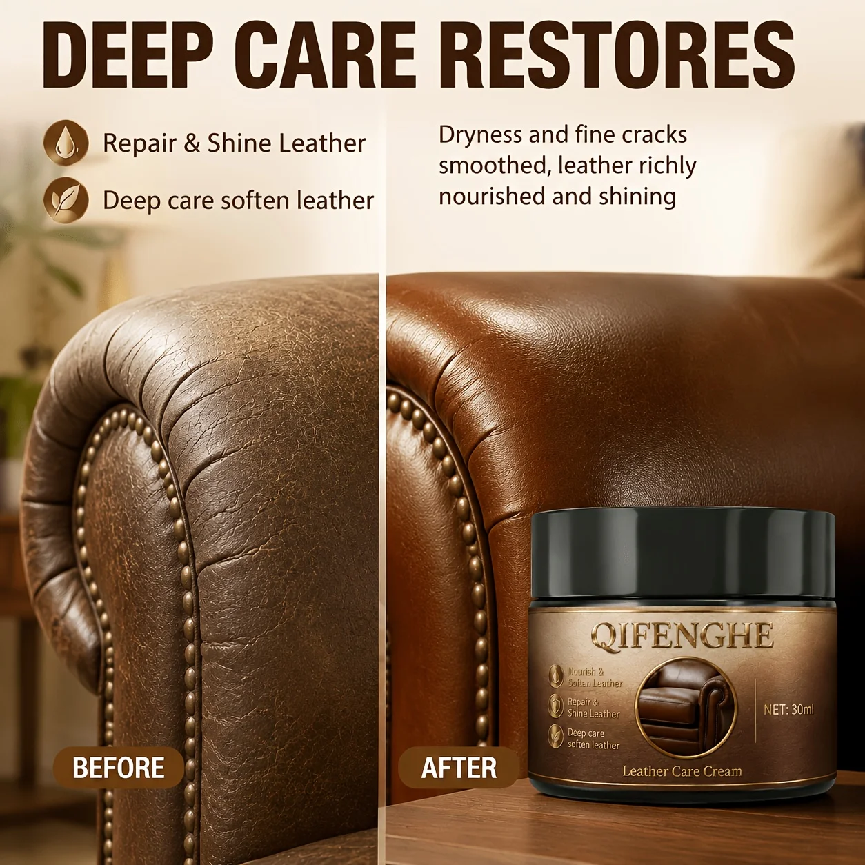 Leather Care Cream, Leather Restorer & Nourishing Conditioner for Couches, Furniture, Car Seats, Shoes & Bags, Restores Shine &