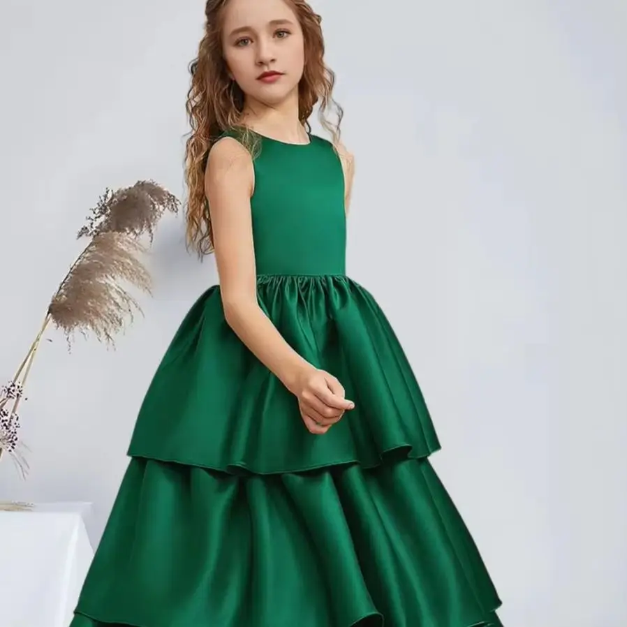 

WWA Kids Ball-Gown Princess Scoop Floor-Length Satin Junior Bridesmaid Dresses Dark Green Flower Girl Dresses Party Wedding Kids