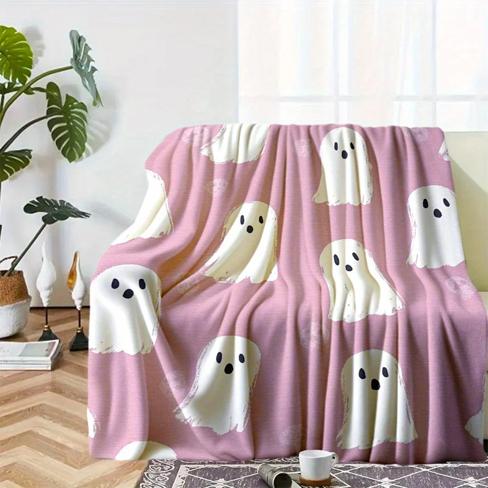 1pc Flannel Blanket Featuring a Pink Ghost Design, Available in Three Sizes, Ideal for Home Use Or Travel, Great for The Bedroom