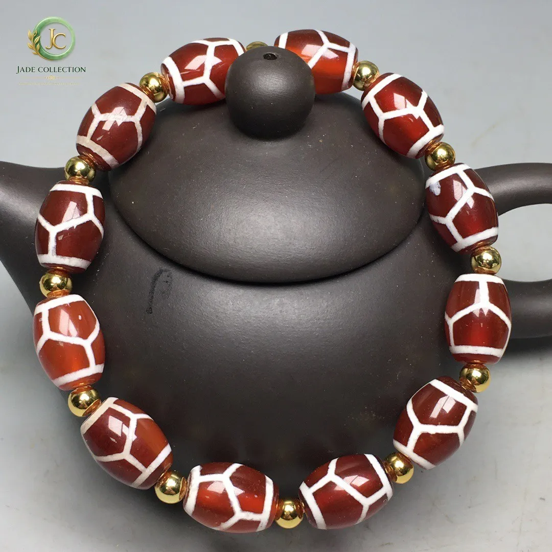 Tibetan Red Old Agate Dzi *Turtle shell* Beads Bracelet S0411