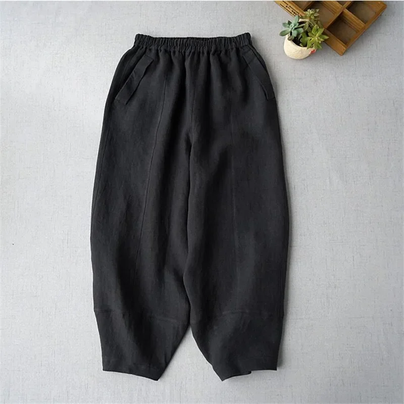 2025 New Spring Vintage Pocket Pants Women Chinese Style Loose Linen Cropped Pants Ankle-Length Casual Solid Patchwork Trousers