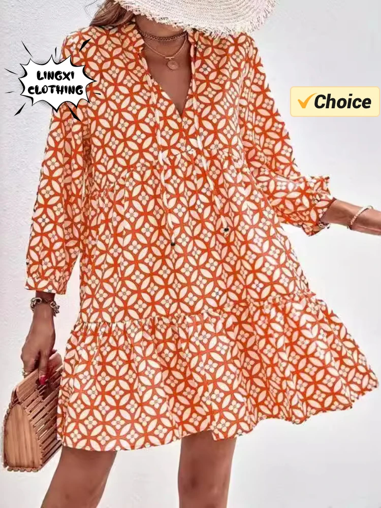 Letnia moda Nowa elegancka sukienka z nadrukiem Seksowny styl plażowy Temperament Krótki dekolt w szpic Długość do kolan Sukienka w stylu wakacyjnym