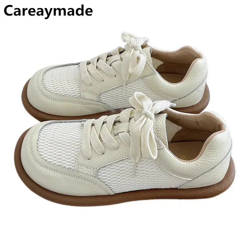 Careaymade-Handmade Genuine leather Summer mesh single shoes Women\'s casual flat sandals Literary cow leather small white shoes