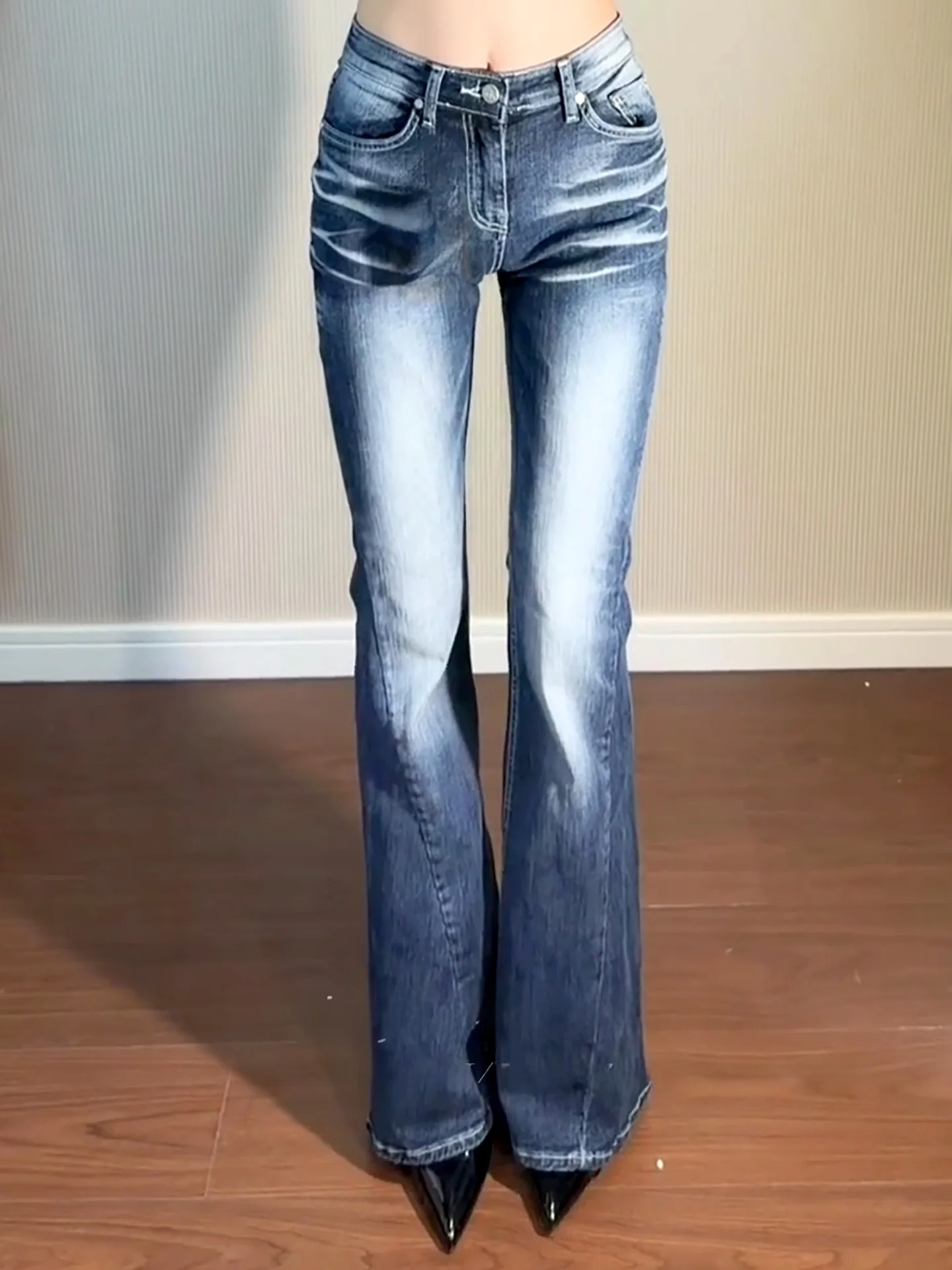 

Retro Blue Beard Pattern Distressed Design Women's Skinny Jeans Bootcut Pants Fall Season Slimming High Waist Denim Jeans