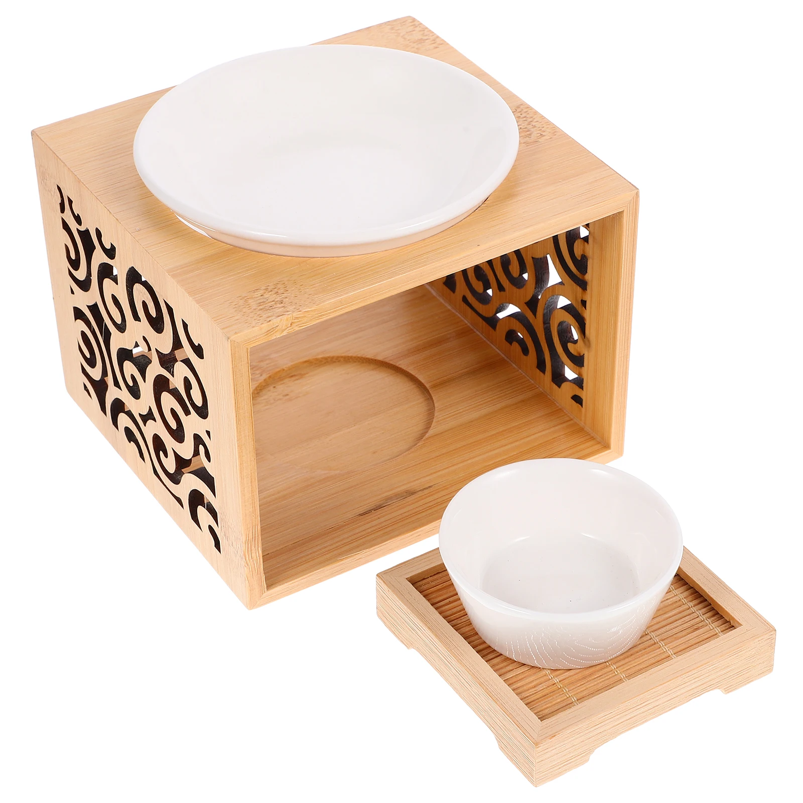 

Wooden Holder Aromatherapy Furnace Simple Wood Ceramic Oil Burner 60ml Water Tray Stove Aroma Incense Burner Essential