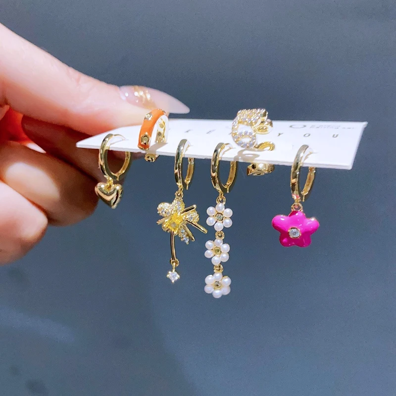 2023 Design CZ Crystal Flower Hoop Earrings Set with Ear Bone Cuffs Gold Plated Women Earrings Jewelry