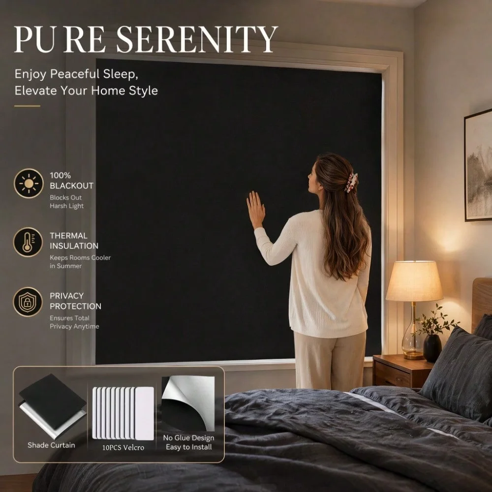 1 black opaque privacy window shade cloth. Complimentary measuring tape, marker, and Velcro.