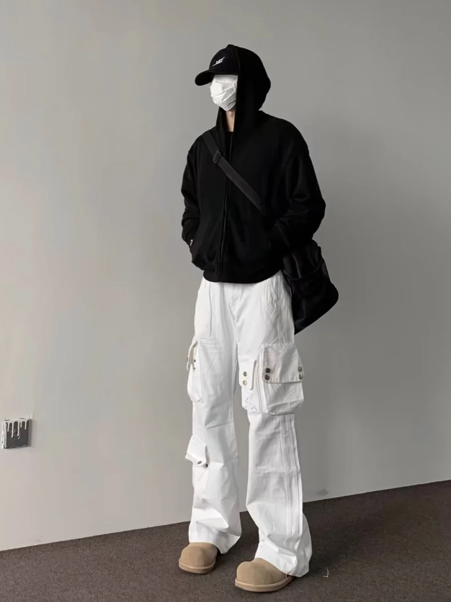 กางเกงยีนส์สไตล์อเมริกันเรโทร ดีไซน์สำหรับผู้ชาย ทรงตรงเล็กน้อยบานข้าง  ใส่สบายๆ