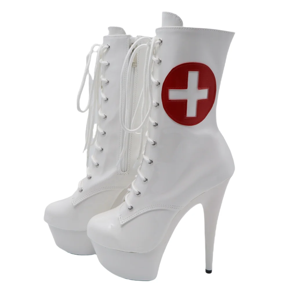 ​15CM Nurse Role Play Boots White, Fetish Ankle Boots with Red Cross Patch & Lace-Up, Drama Club Costume Shoes​