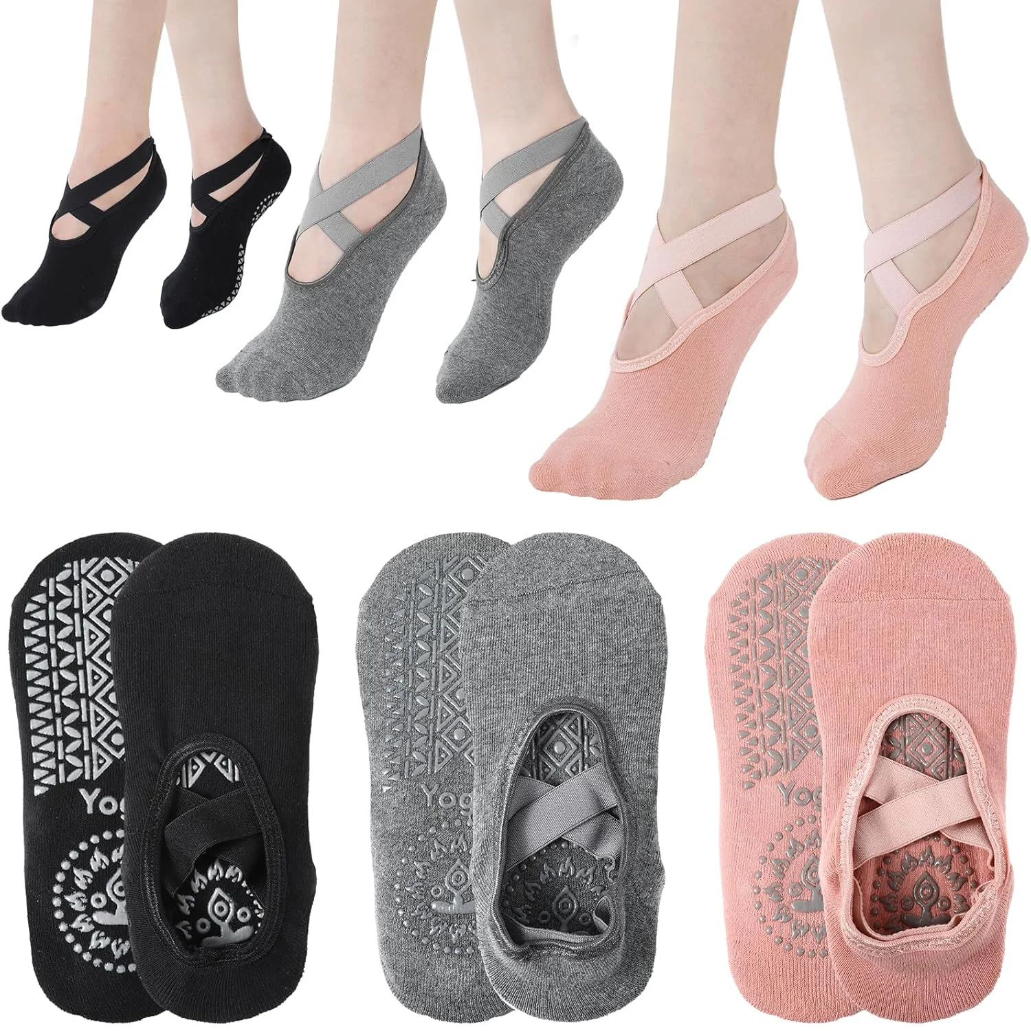 3 Pairs Yoga Socks for Women Non-Slip Barre Socks with Straps Ballet Dance Socks for Yoga Pilates Ballet Barre Dance image 4