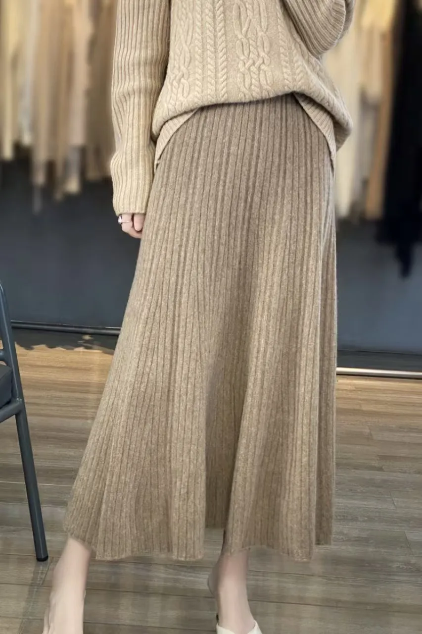 The leader in the skirt world! Cashmere mid-length pleated long skirt for women, pure wool skirt, A-line skirt, thick swing skir