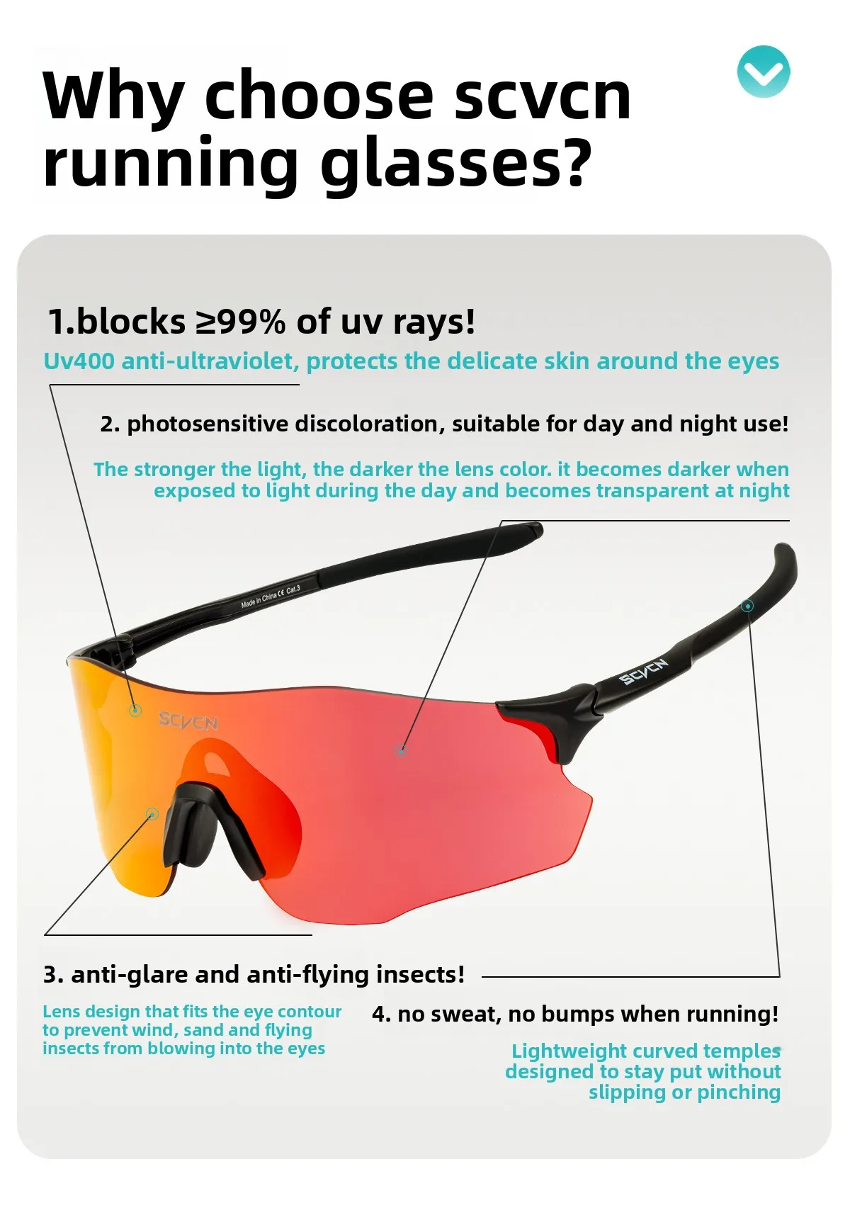 SCVCN Laufbrille, leicht, lichtempfindlich, farbwechselnd, für Tag und Nacht, Dual-Use, für Laufen, Marathon, Wandern, winddichte Schutzbrille – Detail 2