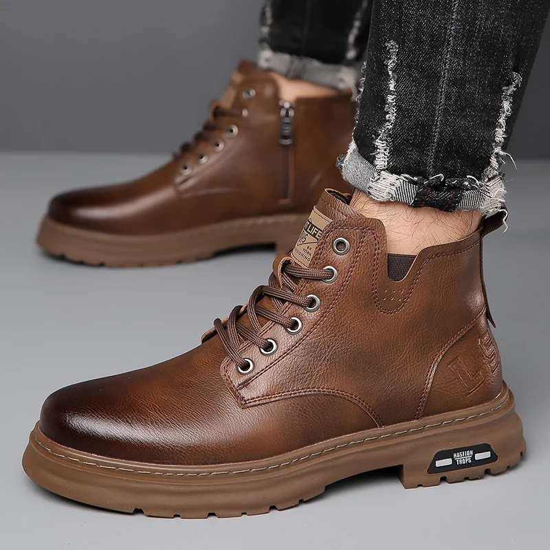 

New Mens High-quality Fashionable Work Boots Brand Business Party Versatile Leather Boots Outdoor High Top Non Slip Casual Boots