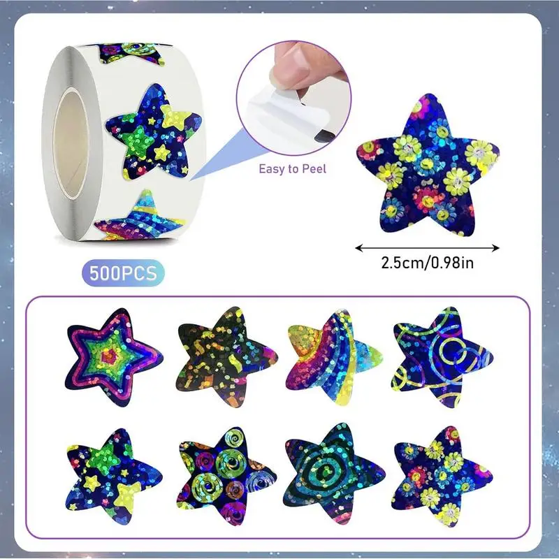 Reutilizável Star Shape Glitter Etiqueta Roll, Early Learning Classes Recompensas, Artesanato Entusiasta decalques, 500pcs