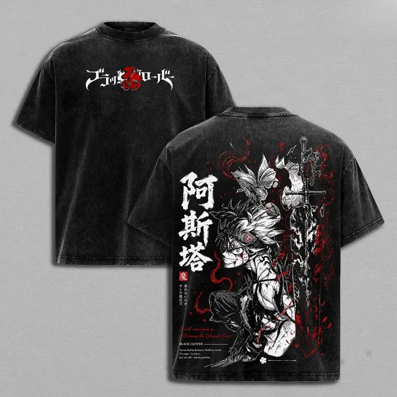 Manga Black Clover Asta Printed Tee Men Women Short Sleeve Clothing Washed Cotton T-shirt Summer Loose T Shirt Harajuku Tshirt