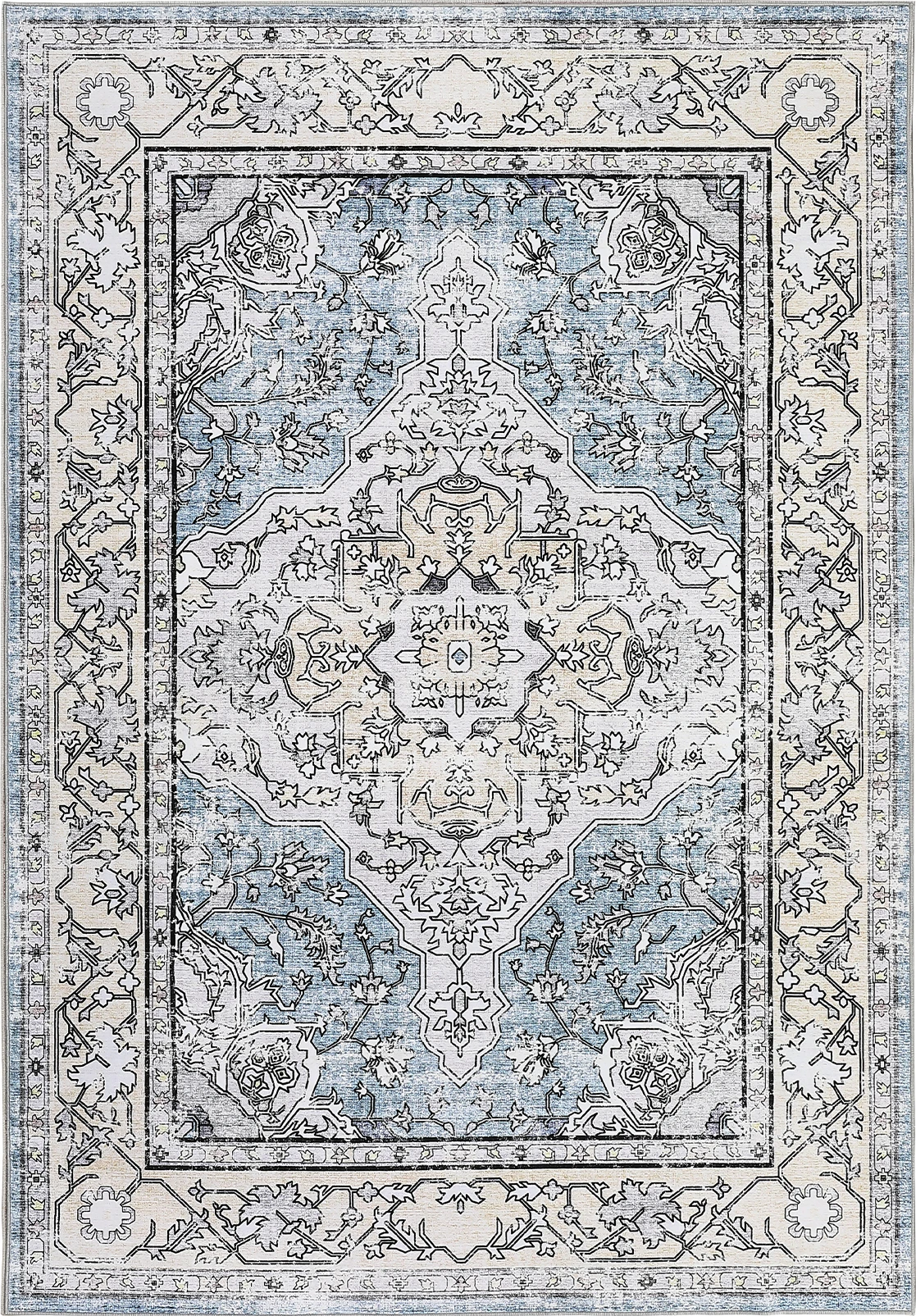 Vintage Washable Soft Area Rug Low Pile Anti-Slip Stain Resistant Rug Foldable Thin Floral Distressed Carpet Non-Shedding Pad