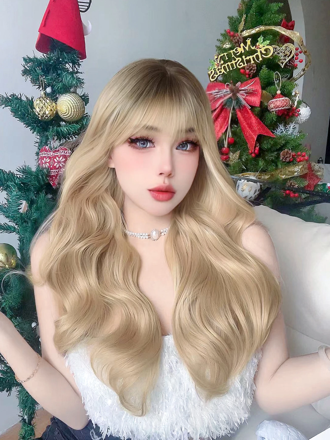 Perucas sintéticas com Franja para mulheres, Lolita Flaxen, longo cabelo ondulado natural, uso diário, resistente ao calor, cosplay, drag queen, 26 polegadas