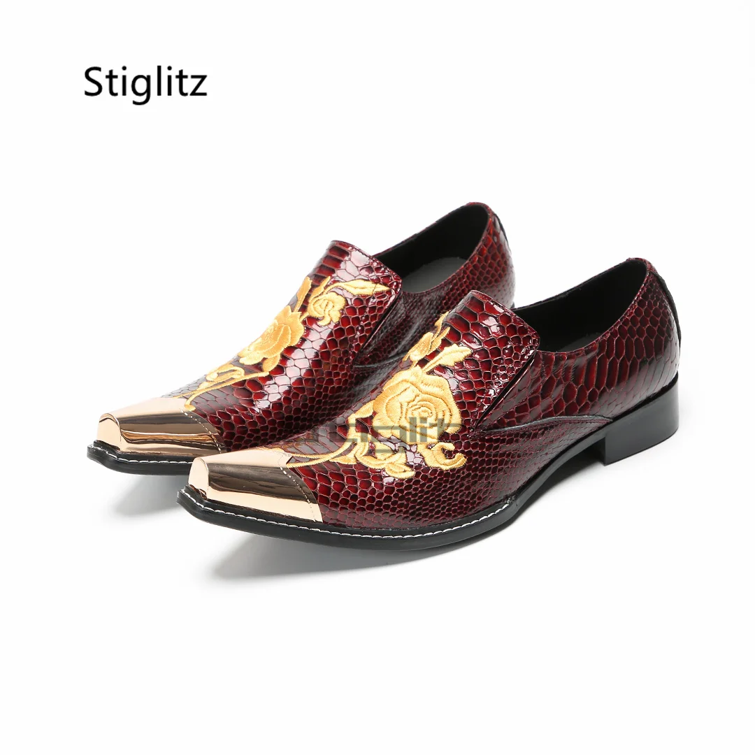 Men's Gold Rose Embroidery Leather Shoes Trendy Genuine Leather Dress Low Heel Metal Pointed Toe Casual Business Banquet Shoes