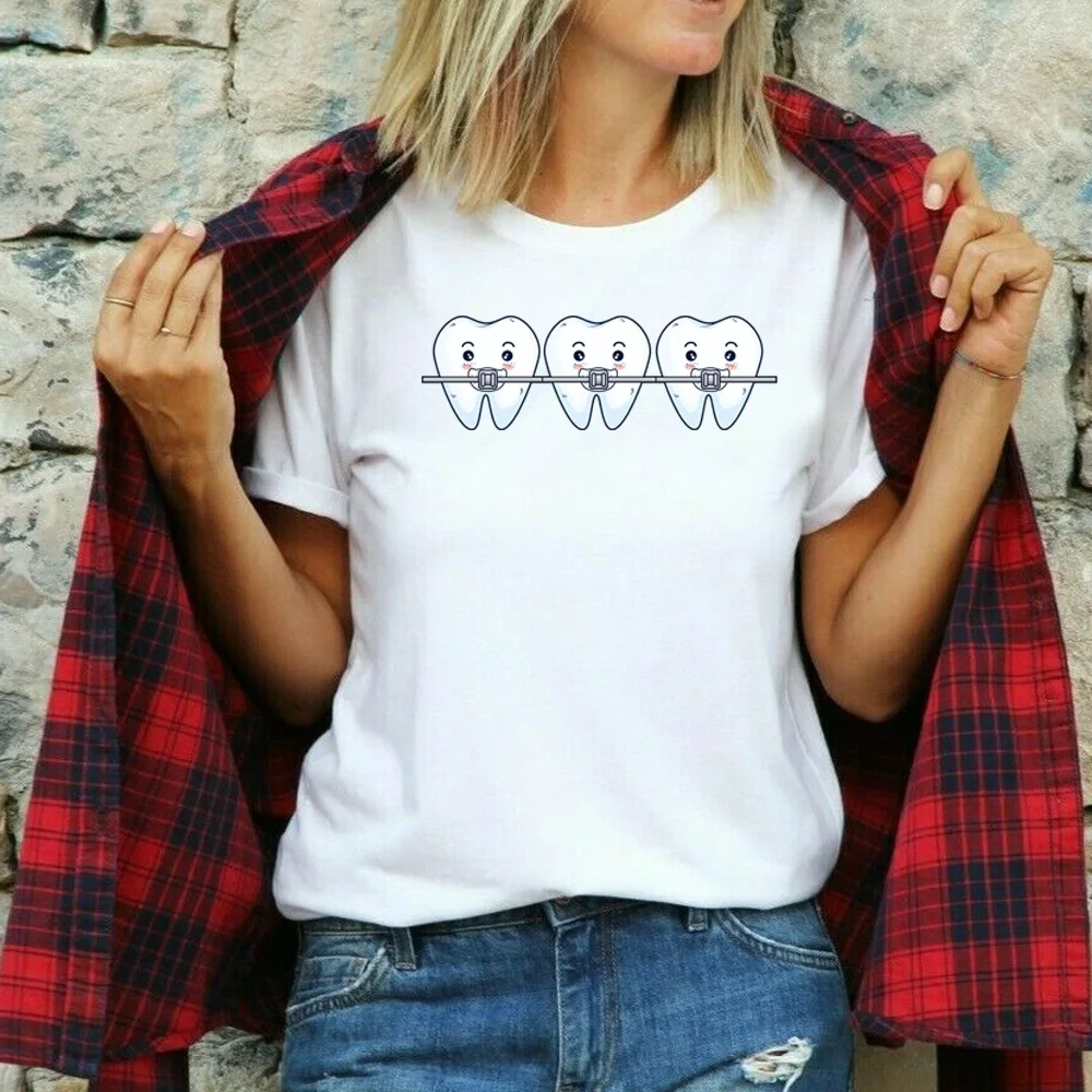 Camiseta mujer 2022 moda Harajuku verano Top camiseta pareja Casual dibujos animados dientes estampado Camiseta de manga corta