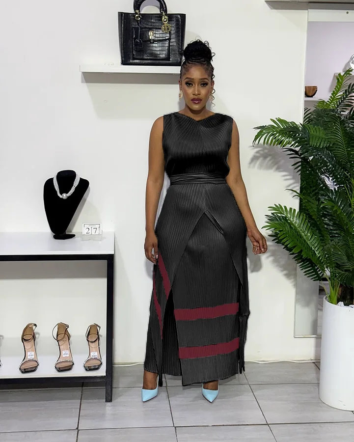 

2025 Miyake Pleated Set Round Neck Sleeveless Irregular Long Belt Top + High Waist Versatile Trousers 2-piece Set New in Summer