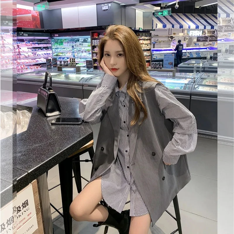 

Fashion Two Piece Set Women Vintage Casual Long-Sleeve Stripe Shirt Suit Vest Female New Autumn Double Breasted Belt Waistcoat