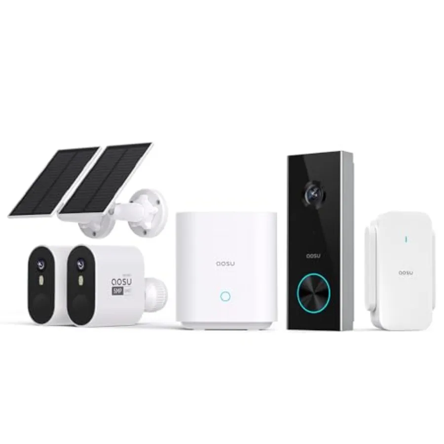 

Outdoor security system: 5MP solar-powered cameras + 2K doorbell cam, aluminum alloy housing, matte black finish, weatherproof