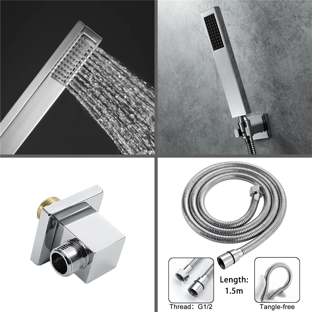 Nowoczesna, montowana na ścianie, polerowana, mosiężna bateria termostatyczna z deszczownicą LED z muzyką, o wymiarach 23x15 cali, z funkcją wodospadu i strumieniowego prysznica.