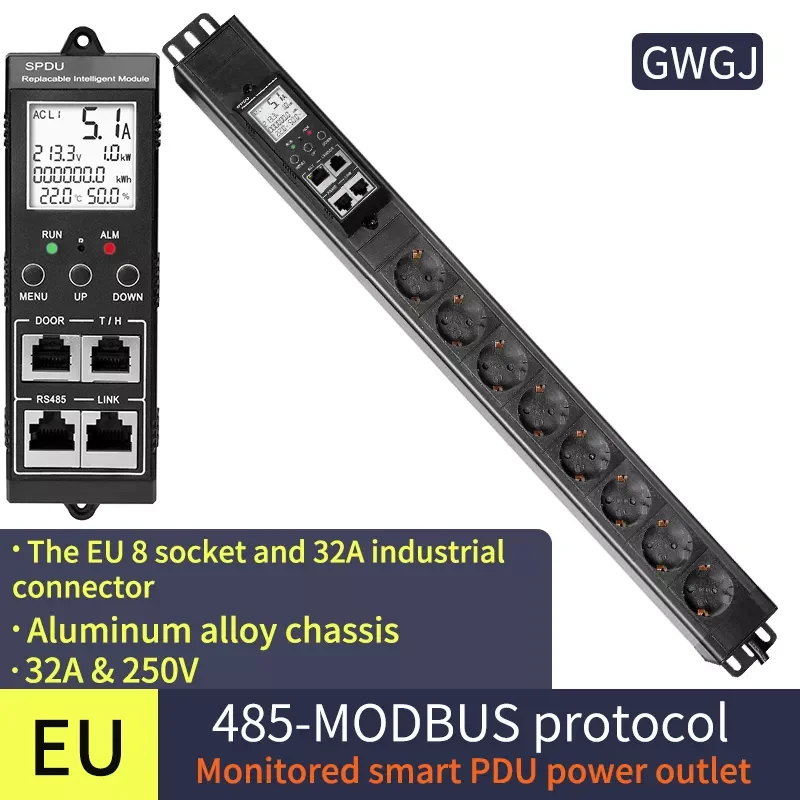 Computer center 1.5U smart PDU rack power socket 8-bit EU socket 32A input vertical installation 485Modbus-RTU