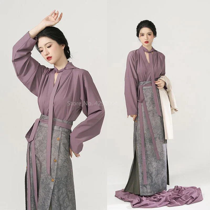 

Improved Hanfu Purple Shirt&skirt New Chinese Style Han Element Suit Daily Work Hanfu Costume Long Aircraft Sleeves Tang Qipao