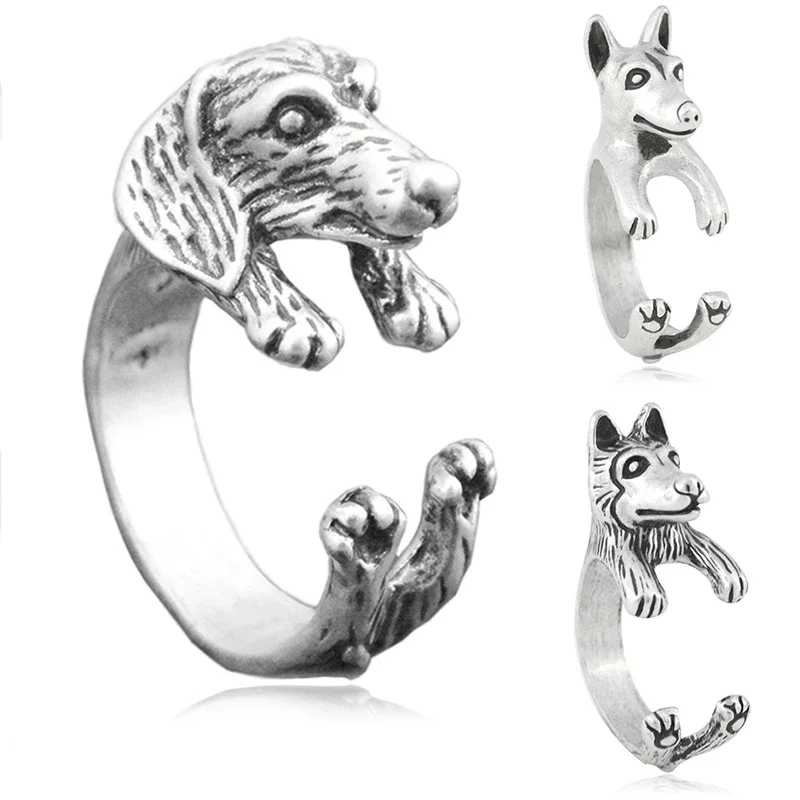 3 Style Lovely Retro Dachshund & Husky & Doberman Pinscher Dog Pet Ring for Women Anel Retro Animal Sausage Ring Men Jewelry