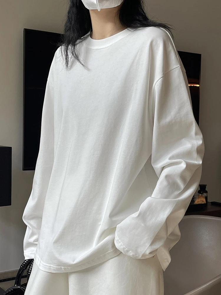 [LANMREM] Minimalism Solid Pullover T-shirt For Women Round Neck Long Sleeve Casual Loose Bottoming Tops New 2024 Autumn 26D1082