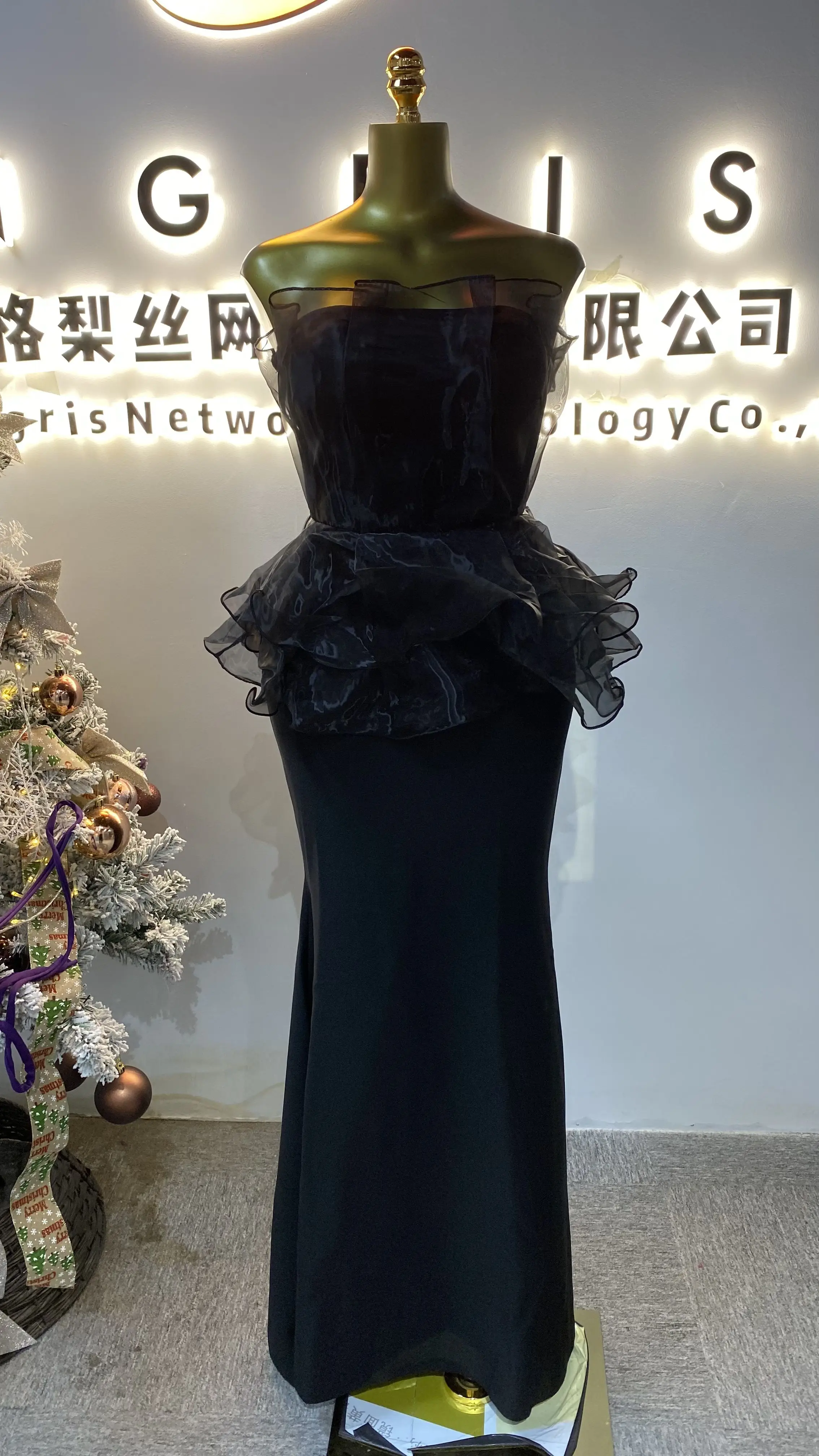 

Banquet ball elegant evening dress black strapless multi-layer mesh pleated mermaid slim bandage female long skirt-GZXX002