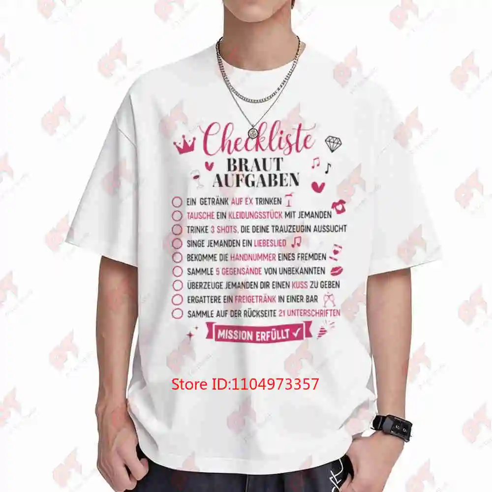 Checklist Bride Tasks German Bachelor Party JGA Short Sleeve Tee 100% Cotton T-Shirt