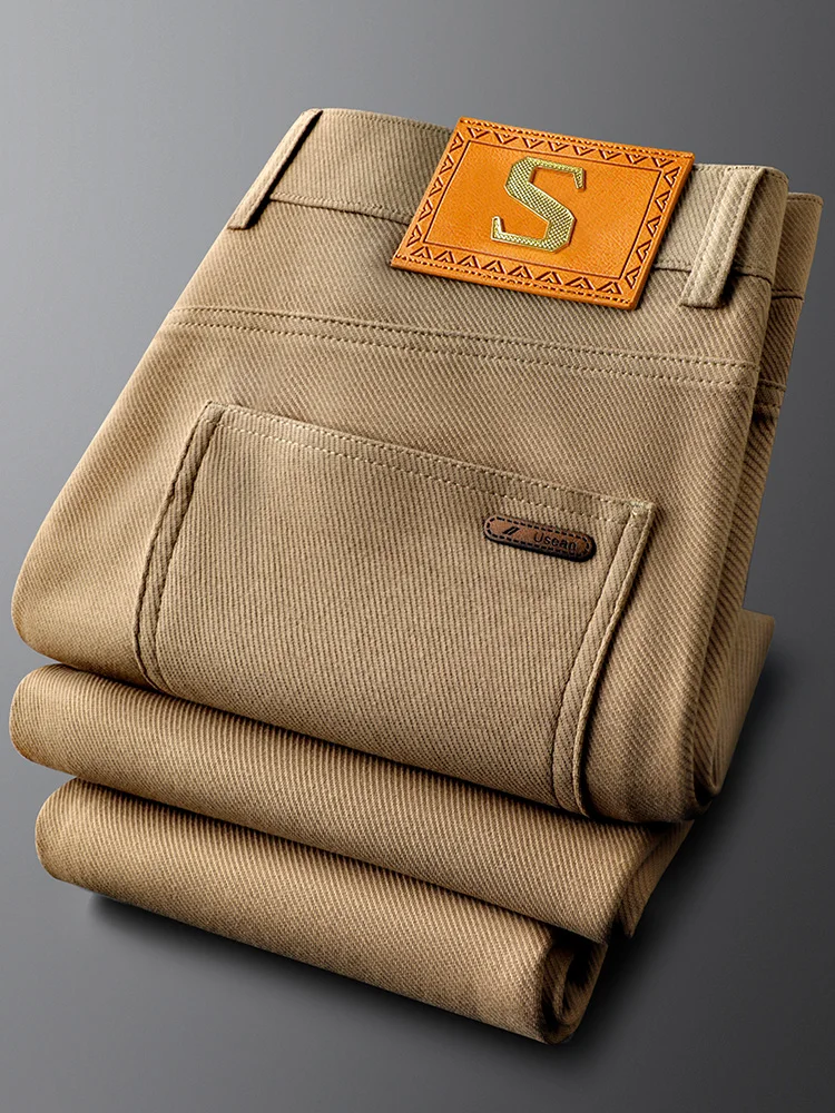 

Khaki Color Casual Pants Men Slim Fit Cotton Straight Leg Pants Autumn Winter Busin Commuting Long Pants Faion Urban Sle